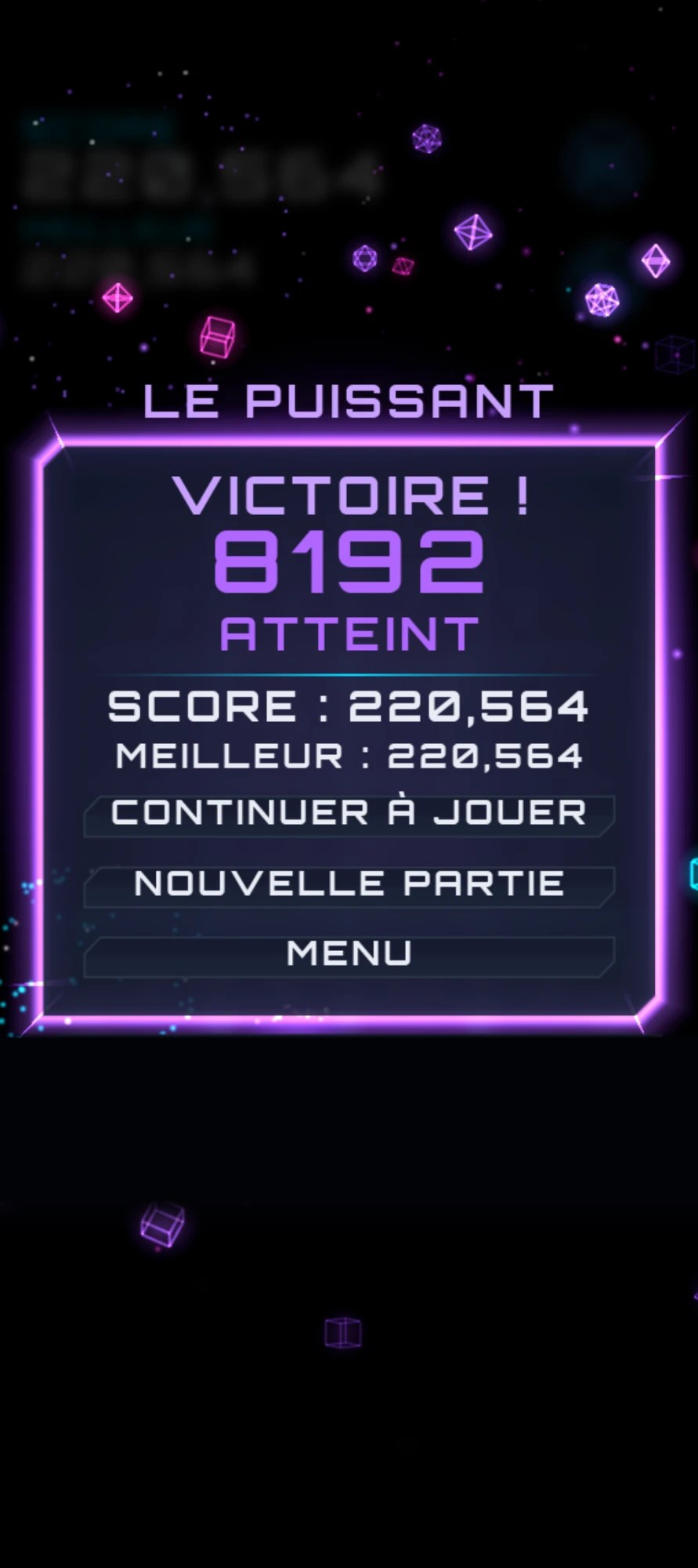Écran de victoire violet « Le Puissant » pour la tuile 8192, des formes géométriques en 3D tout autour