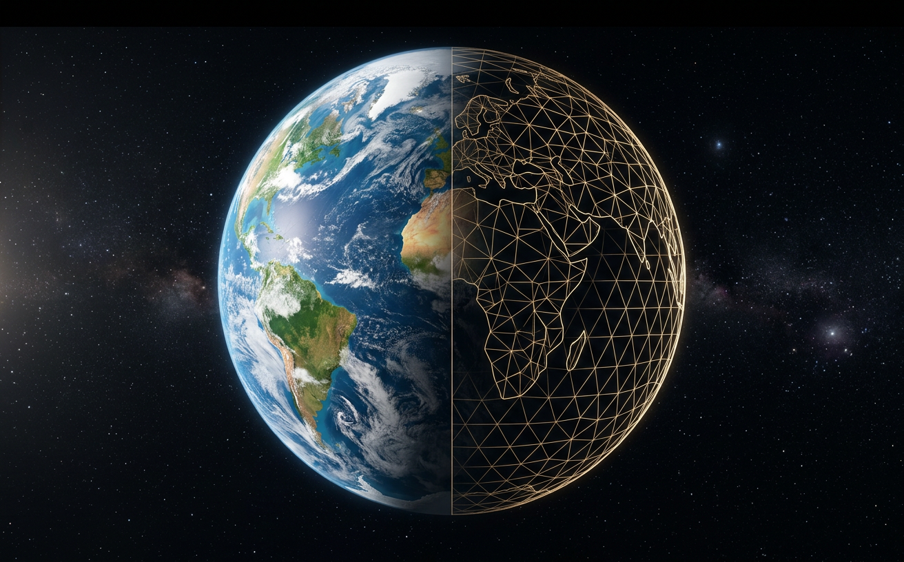 Planète procédurale vue de l’espace, à moitié couverte de biomes et à moitié dessinée en maillage filaire doré